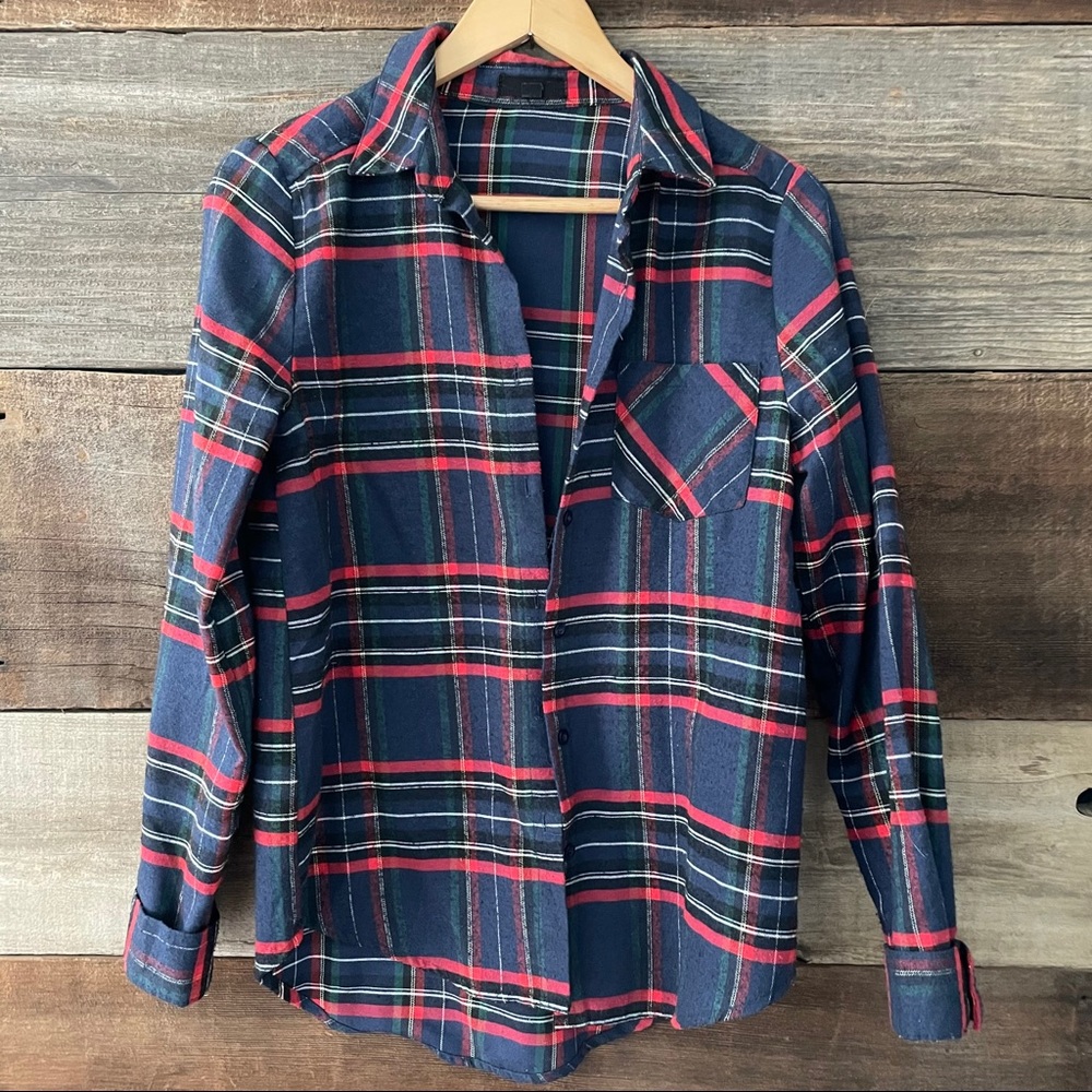 E M Blue Red Plaid Flannel Button-Up Shirt